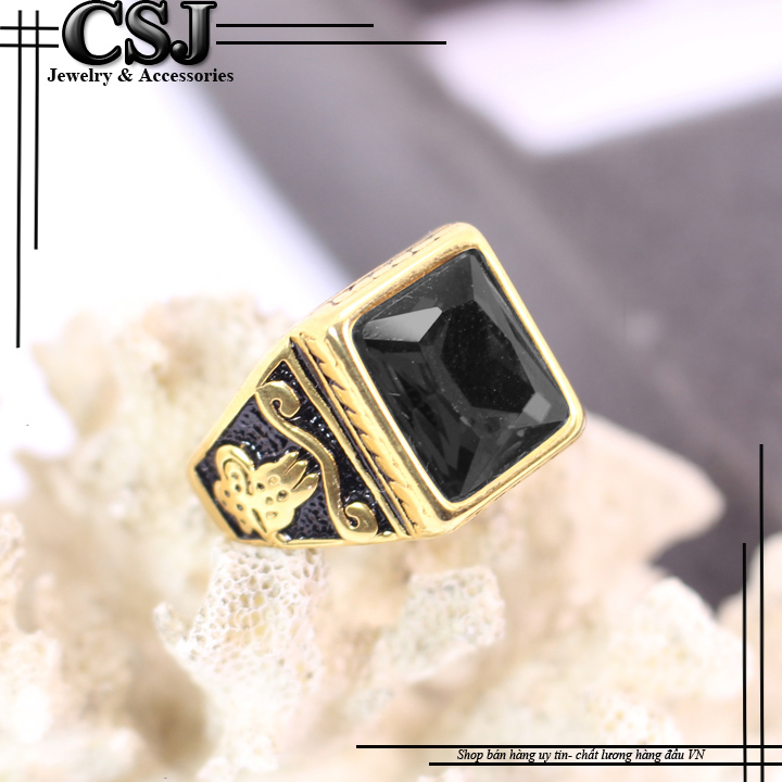 Nhẫn inox nam mạ vàng đá đen đẹp giá rẻ Hàn Quốc HCM CSJ