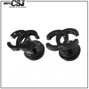 bông tai nữ inox màu đen hình chanel