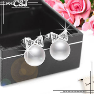 bông tai nữ inox hình cái nơ ngọc trai sang trọng phong cách Hàn Quốc
