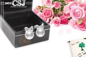 bông tai nữ inox hình cái nơ ngọc trai sang trọng phong cách Hàn Quốc