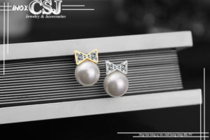 bông tai nữ inox hình cái nơ ngọc trai sang trọng phong cách Hàn Quốc