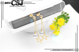 bông tai nữ inox mạ vàng kiểu tòn ten ngọc trai cách điệu ngôi sao may mắn