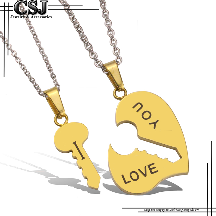 Dây chuyền inox cặp đôi trái tim chìa khóa mạ vàng đẹp không đen
