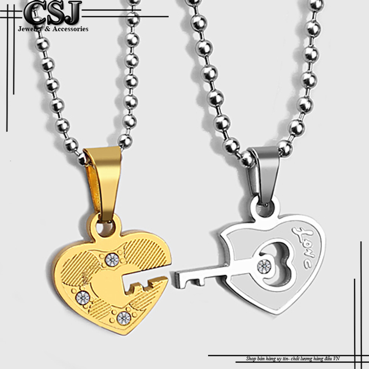 Dây chuyền cặp inox ô chìa khóa hình trái tim (trắng vàng)