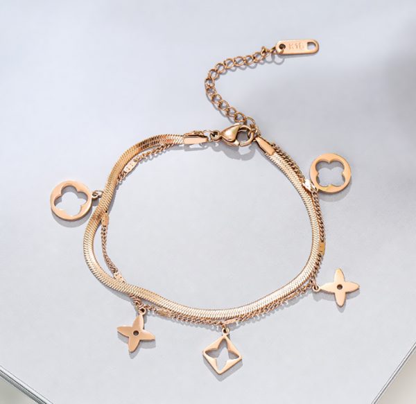 Lắc tay nữ titan LV phong cách 2 sợi màu hồng 14k