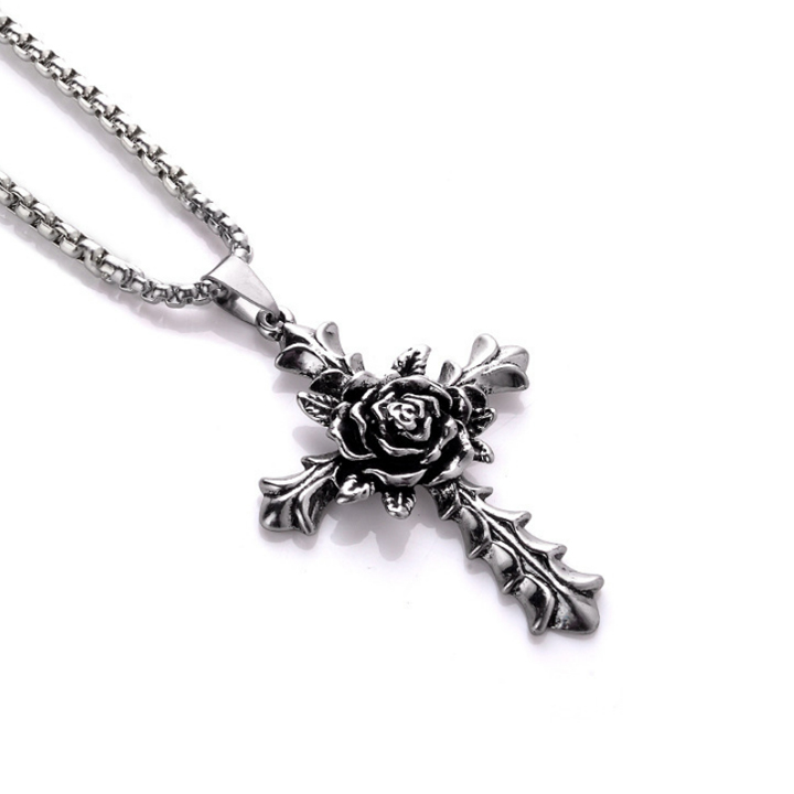 MD006c-Mặt dây chuyền nam titan hình thánh giá hoa hồng