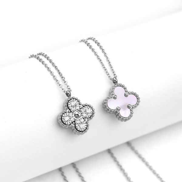 TN798j-Dây chuyền vòng đeo cổ nữ titan hoa 4 cánh van cleef màu xà cừ trắng