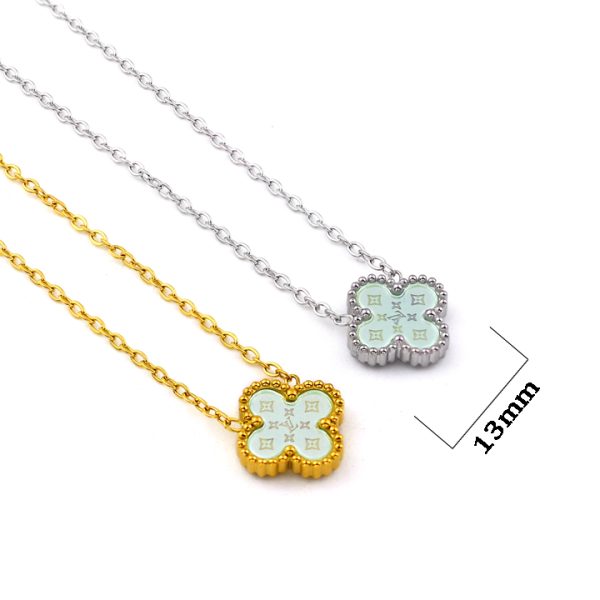 TN839a Dây chuyền titan hoa 4 cánh van cleef nền LV màu xanh ngọc