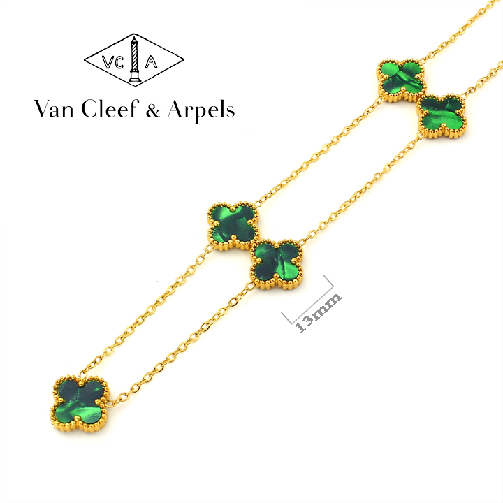 TN845a Dây chuyền nữ titan 5 bông hoa 4 cánh van cleef 13mm xanh ngọc lục bảo