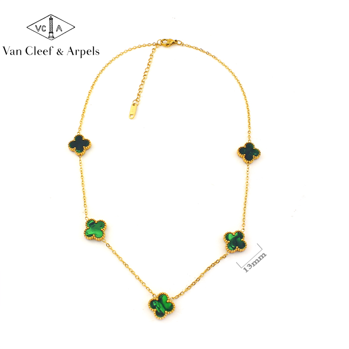 TN845b Dây chuyền nữ titan 5 bông hoa 4 cánh van cleef 13mm xanh ngọc lục bảo