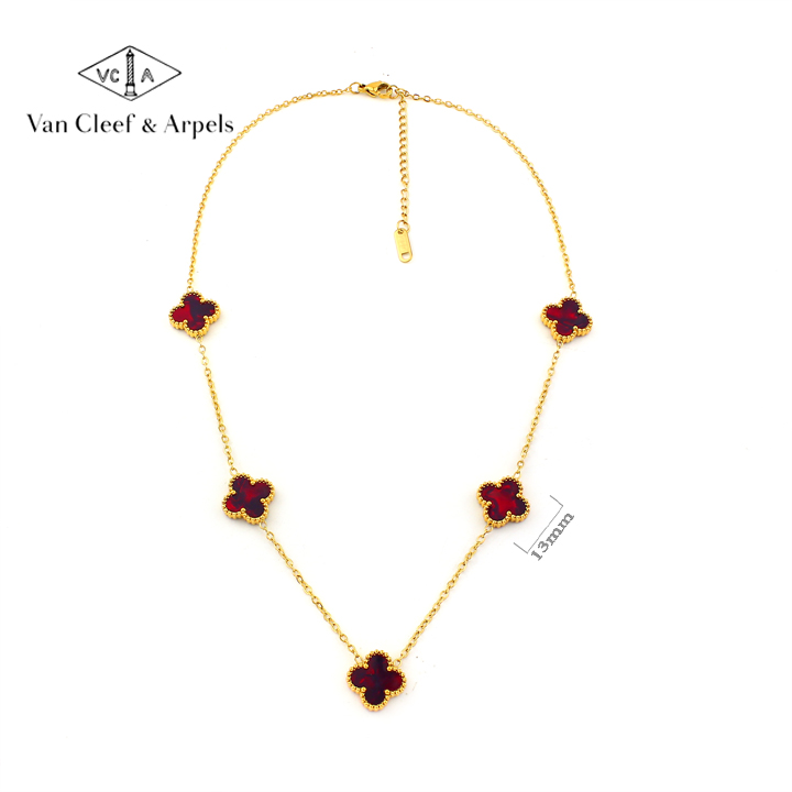 TN846b Dây chuyền nữ titan 5 bông van cleef 13mm đỏ ruby