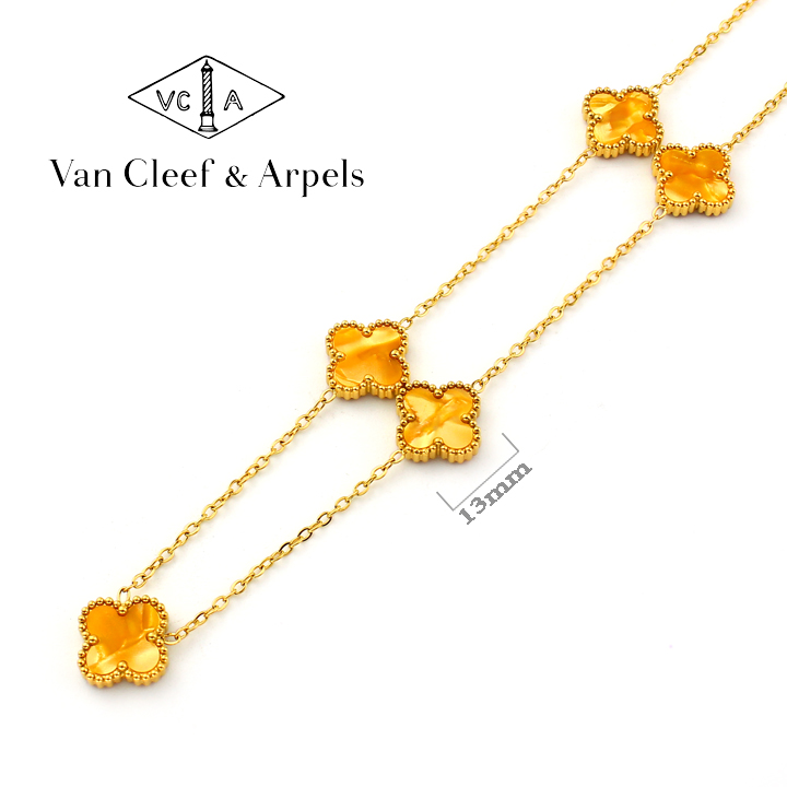TN847a Dây chuyền nữ titan 5 bông van cleef 13mm nền màu hổ phách