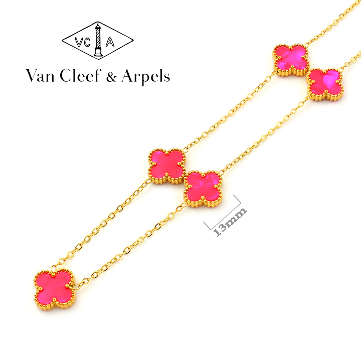 TN848a Dây chuyền nữ titan 5 bông van cleef 13mm hồng dạ quang
