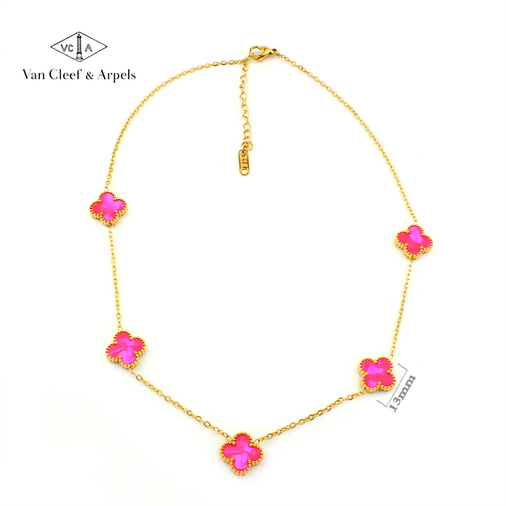 TN848b Dây chuyền nữ titan 5 bông van cleef 13mm hồng dạ quang