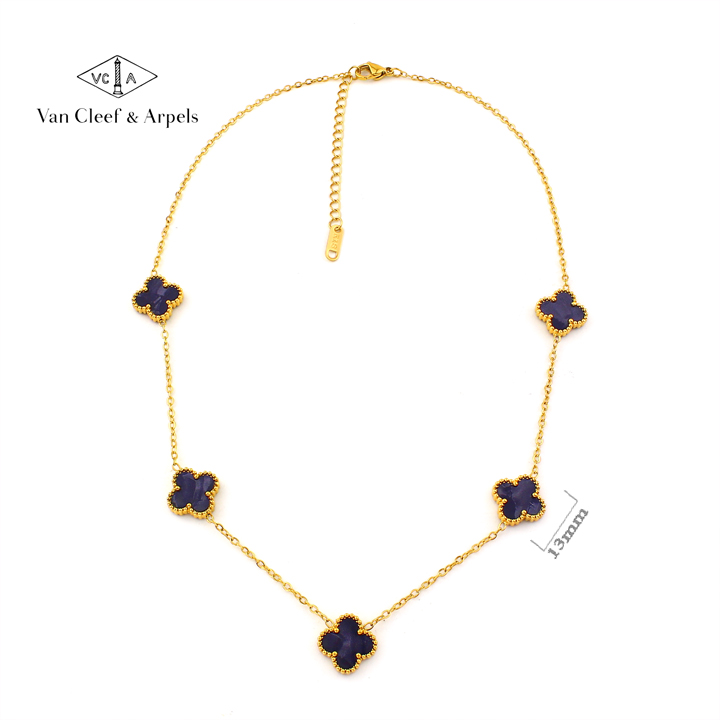TN849b Dây chuyền nữ titan 5 bông van cleef 13mm đen thiên thạch