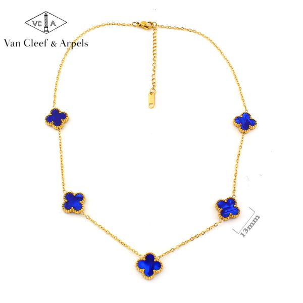 TN850b Dây chuyền nữ titan 5 bông van cleef 13mm xanh dương