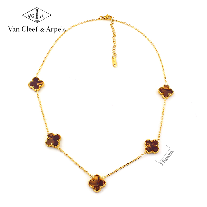 TN851b Dây chuyền nữ titan 5 bông van cleef 13mm gỗ óc chó