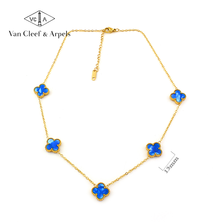 TN852b Dây chuyền nữ titan 5 bông van cleef 13mm xanh bầu trời