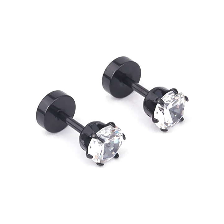 BT220a Bông tai nam inox xi màu đen đầu đá kim trắng