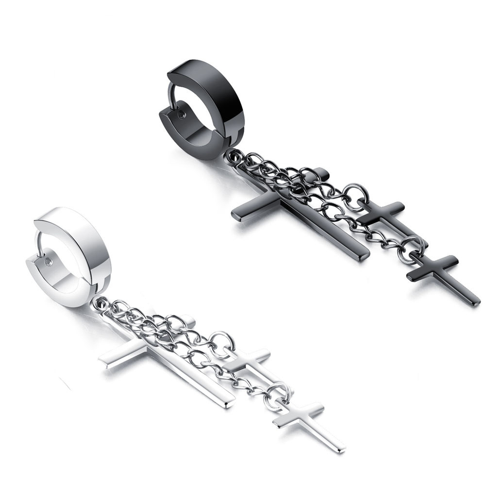 BT267c Bông tai inox khoen tròn tòn ten thánh giá màu trắng
