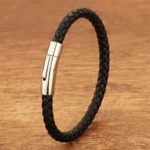 LN180g Vòng tay da khóa trụ tròn titan cao cấp