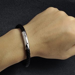 LN180h Vòng tay da khóa trụ tròn titan cao cấp