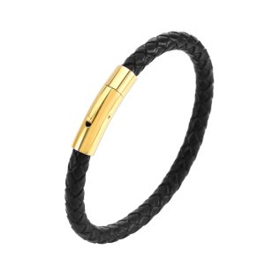 LN181a Vòng tay da khóa trụ tròn titan cao cấp