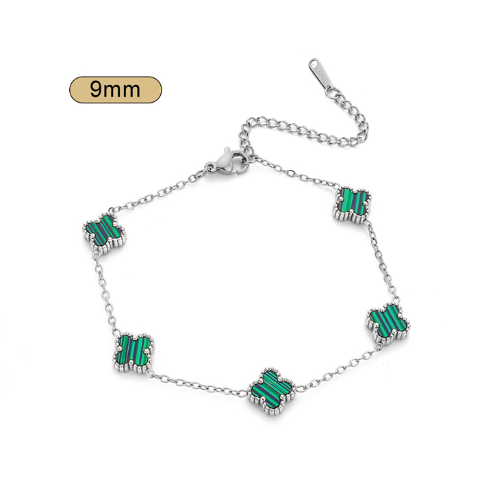 TA261b Lắc tay nữ titan 5 bông hoa 4 cánh van cleef nền xanh size nhỏ 9mm