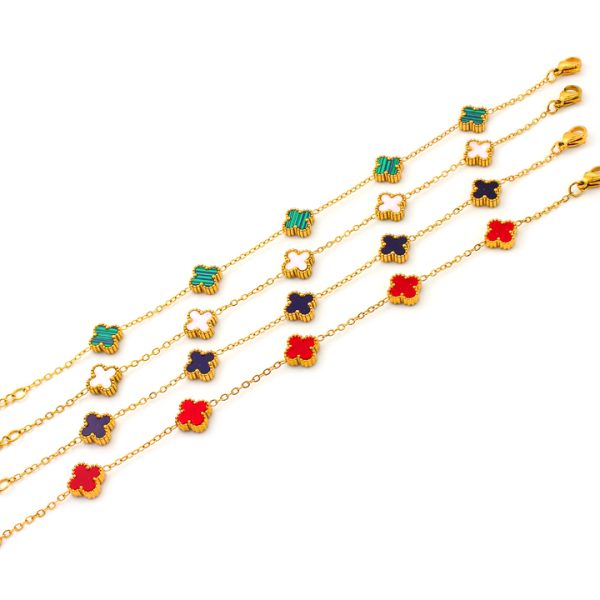 TA261d Lắc tay nữ titan 5 bông hoa 4 cánh van cleef nền xanh size nhỏ 9mm