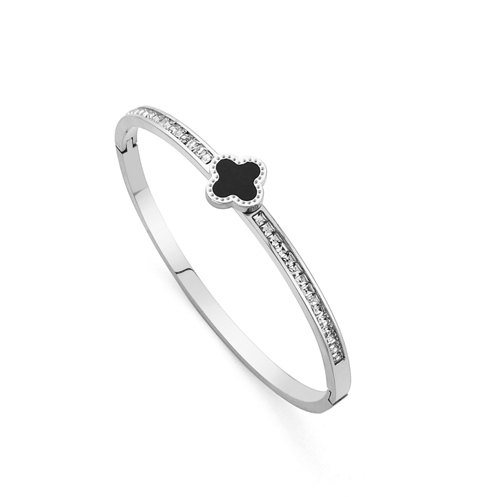 TV228b Vòng tay nữ titan mặt hoa 4 cánh đen van cleef