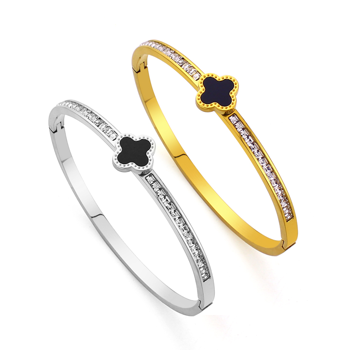 TV228c Vòng tay nữ titan mặt hoa 4 cánh đen van cleef