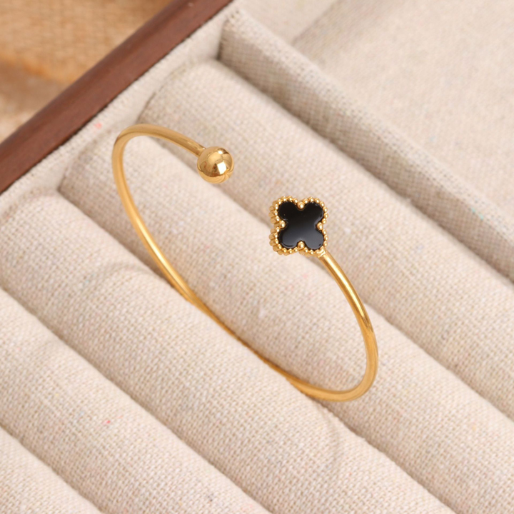 TV231a Vòng tay hở titan hoa 4 cánh van cleef đen cách điệu bi tròn