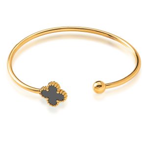 TV231e Vòng tay hở titan hoa 4 cánh van cleef đen cách điệu bi tròn