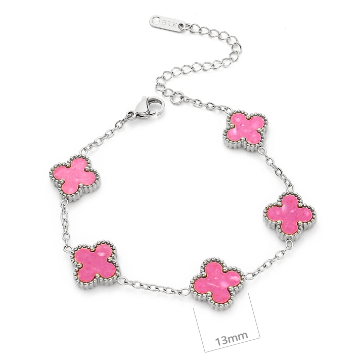 TA318b Lắc tay nữ titan 5 bông hoa van cleef màu hồng cách điệu size 13mm