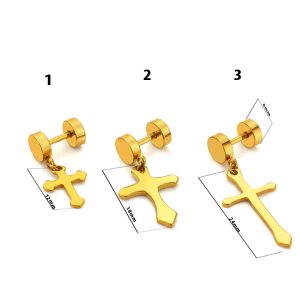 BT096a Bông tai inox tạ tròn tòn ten thánh giá màu vàng
