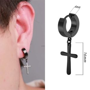 BT111a Bông tai nam khoen tròn rớt thánh giá inox màu đen