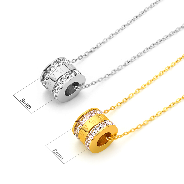 TN900c Dây chuyền nữ titan mặt hình ống tròn số la mã 2 hàng đá vuông