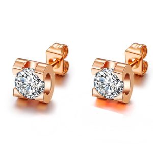 TB011a Bông tai titan hột xoàn chấu vuông màu hồng