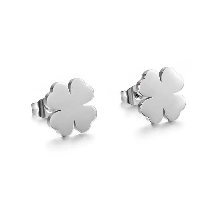 TB028c Bông tai titan cỏ 4 lá may mắn màu thép