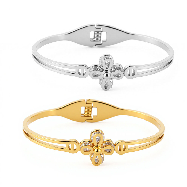 TV083d Vòng tay titan hoa 4 cánh kẹp đá