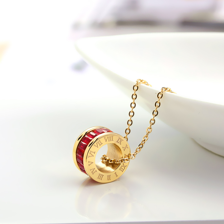 TN509f Dây chuyền titan ống số la mã đính đá đỏ