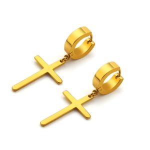 BT026a Bông tai inox khoen tròn tòn ten thánh giá mạ vàng