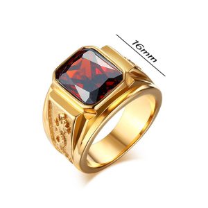 N564a Nhẫn nam titan mạ vàng chạm rồng đá đỏ