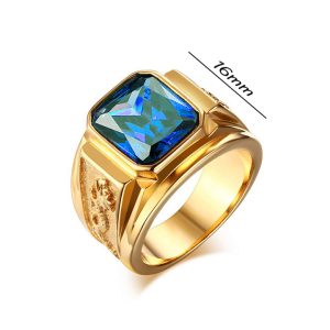 N572 Nhẫn nam titan mạ vàng chạm rồng đá xanh dương