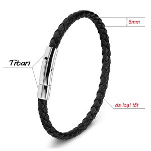 LN101 Vòng tay nam dây da 5mm màu đen khóa titan