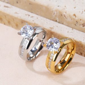 TC012 Nhẫn nữ titan 1 hột cao cách điệu kim tấm 2 bên