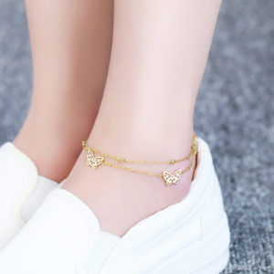 Lắc chân nữ titan con bướm 2 tầng cách điệu thời trang HQ màu vàng tươi 24k