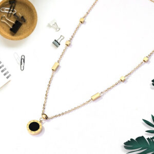 Dây chuyền titan cách điệu mặt tròn cẩm xà cừ màu vàng 24k