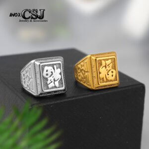 Nhẫn nam inox chữ phước xi mạ màu vàng