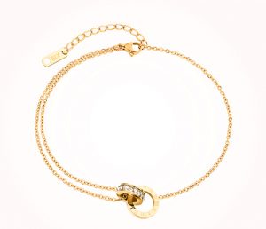 Lắc chân titan 2 khoen tròn số la mã màu vàng 24k